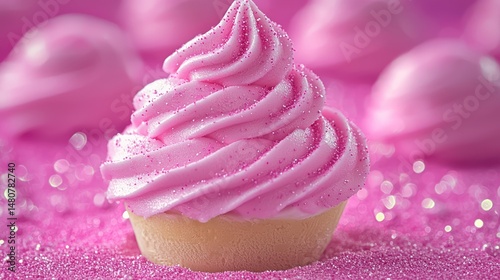 A single pink cupcake, swirled frosting, sparkly pink sugar. Other cupcakes blurred in background