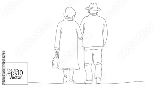 Couple walks hand in hand line art. Continuous drawing elderly spouses walking together minimalist artwork. Seniors retirement family love connection concept. Black outline white background vector