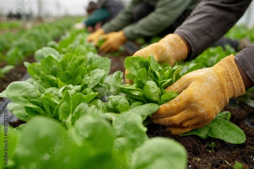 Harvesting Organic Spinach in Greenhouse with Gloves