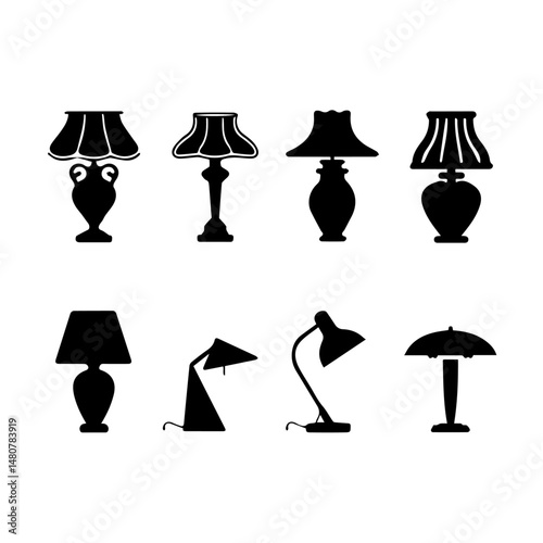Set of black silhouette icons showcasing various classic and vintage-style table lamps and vases, featuring ornate and elegant designs on a light gray background.