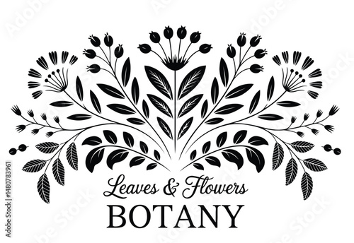 A decorative vector illustration featuring stylized leaves and flower elements in a symmetrical, elegant botanical design.
