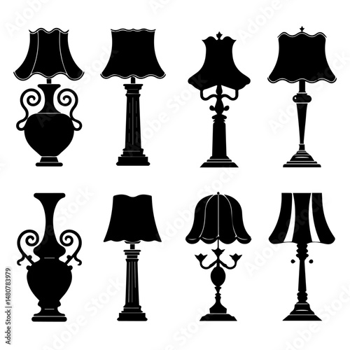 Set of black silhouette icons showcasing various classic and vintage-style table lamps and vases, featuring ornate and elegant designs on a light gray background.