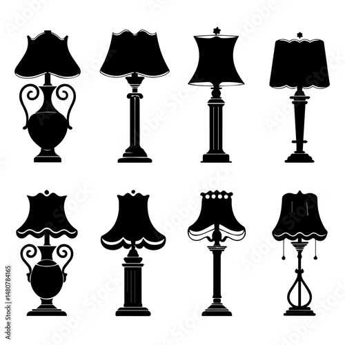 Set of black silhouette icons showcasing various classic and vintage-style table lamps and vases, featuring ornate and elegant designs on a light gray background.