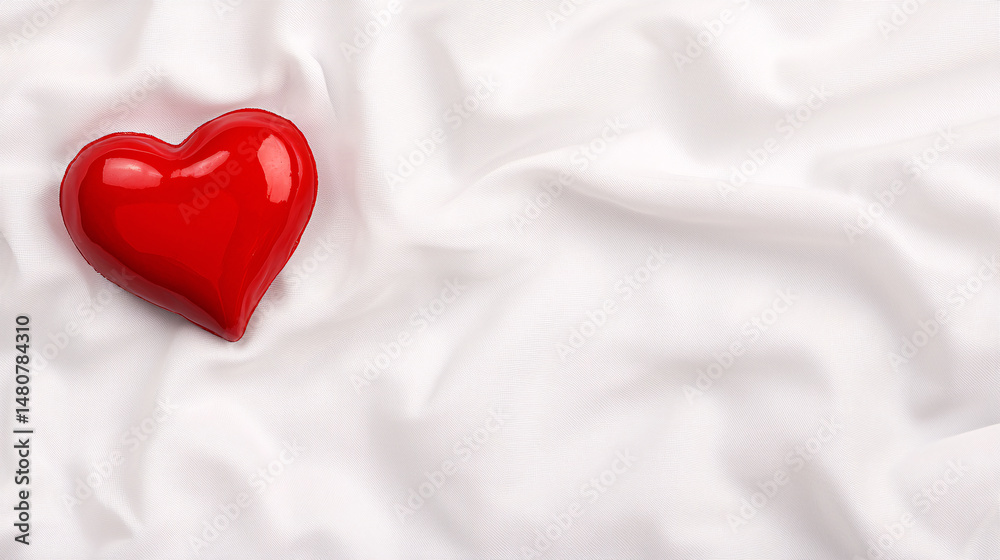 Fototapeta premium A bright red heart sits peacefully on soft white silky fabric creating a romantic backdrop.