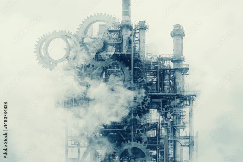 Double exposure of industry factory with gears and smoke Double exposure of industry factory with gears and smoke