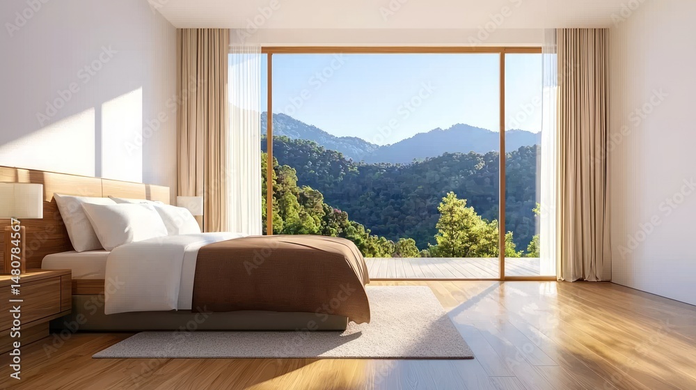 Obraz premium Elegant bedroom with mountain view showcases modern design and serenity