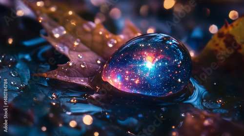 A single dewdrop on a leaf reflecting a galaxy of stars