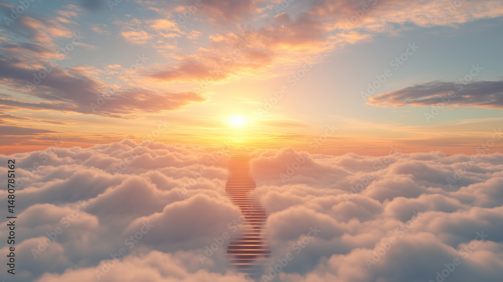 A staircase made of clouds disappearing into a sunrise sky