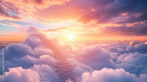 Obraz na płótnie A staircase made of clouds disappearing into a sunrise sky w salonie