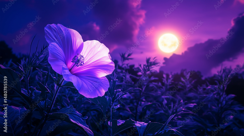 A glowing moonflower blooming under a surreal purple sky