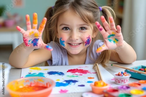 Young girl showing painted hands while smiling at the table  
