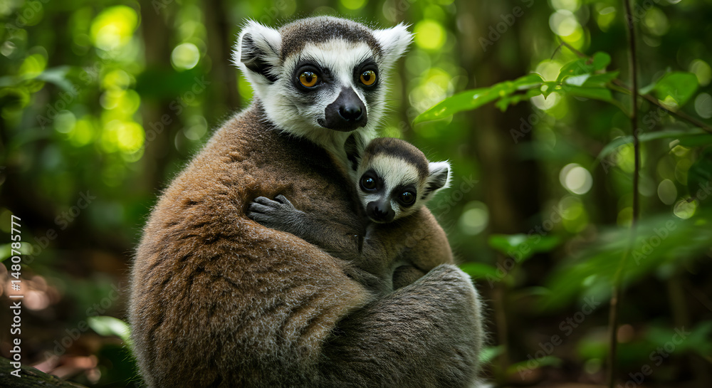 Obraz premium Ring Tailed Lemurs Mother and Baby Resting in Madagascar Wildlife Embracing Affection in Natural Habitat Beautiful Rainforest Scenery Wild Animals in Captivity