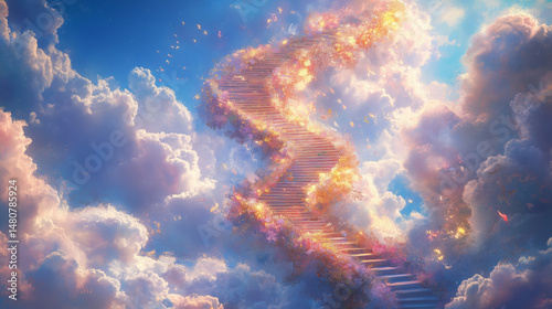 A staircase spiraling into the sky, made of dream fragments