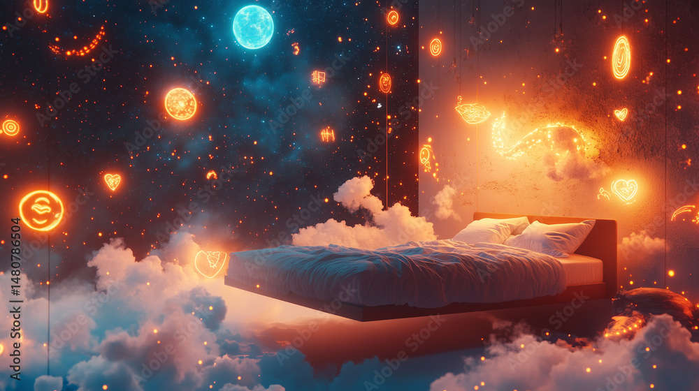 A bed floating in space surrounded by glowing dream symbols
