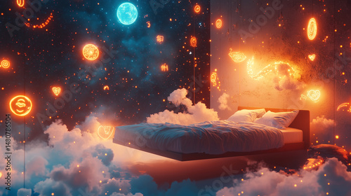 Obraz na płótnie A bed floating in space surrounded by glowing dream symbols w salonie