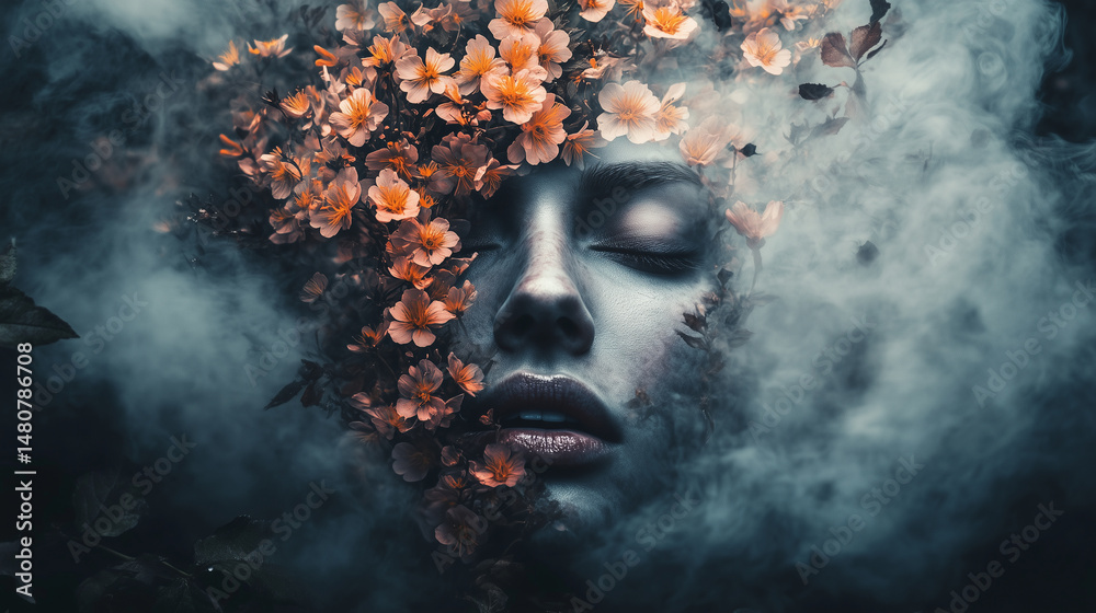 A face half-human, half made of blooming flowers and fog
