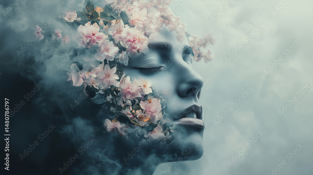 A face half-human, half made of blooming flowers and fog