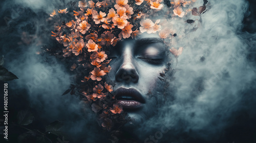 Obraz na płótnie A face half-human, half made of blooming flowers and fog w salonie