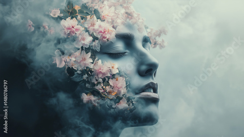 Obraz na płótnie A face half-human, half made of blooming flowers and fog w salonie