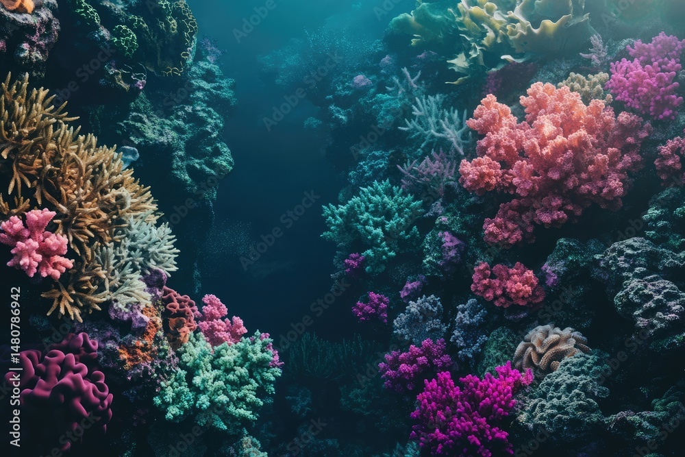 Fototapeta premium Vibrant coral reef teeming with life, showcasing diverse species and colors in an underwater paradise.