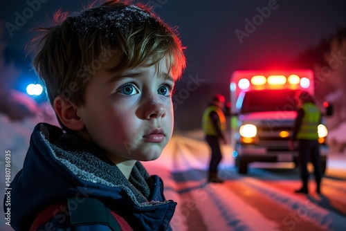 Young boy looking concerned while standing near ambulance at night  