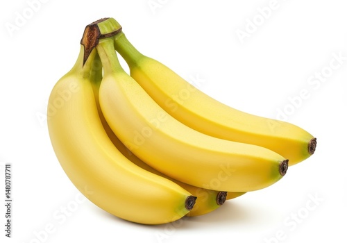 A bunch of ripe yellow bananas is displayed on a white background in a studio setting