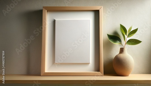 empty wooden vertical frame wall art, home decoration; stone vase with green plant 