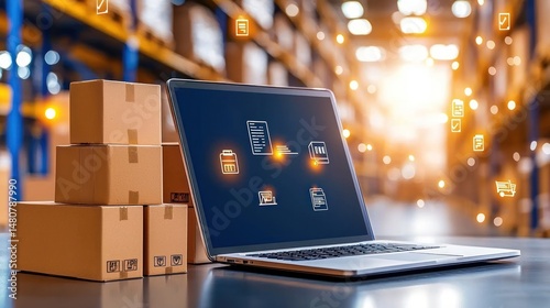 Modern inventory management system using laptop in warehouse setting