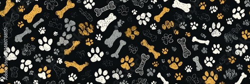 Playful seamless pattern with hand-drawn style dog bones and paw prints in beige, gold, grey and black on a dark background