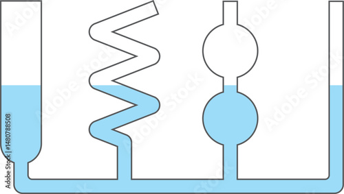 Communicating vessels experiment. Connected vessels diagram. Physics, technology, science.