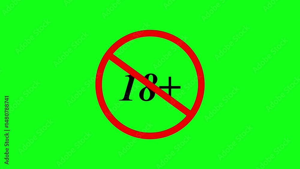 18+ continent are disallowed video footage on  green background, 18 plus icon sign animation on dark background. Under 18 sign warning symbol. Over 18 only censored. eighteen age older. 4K animation