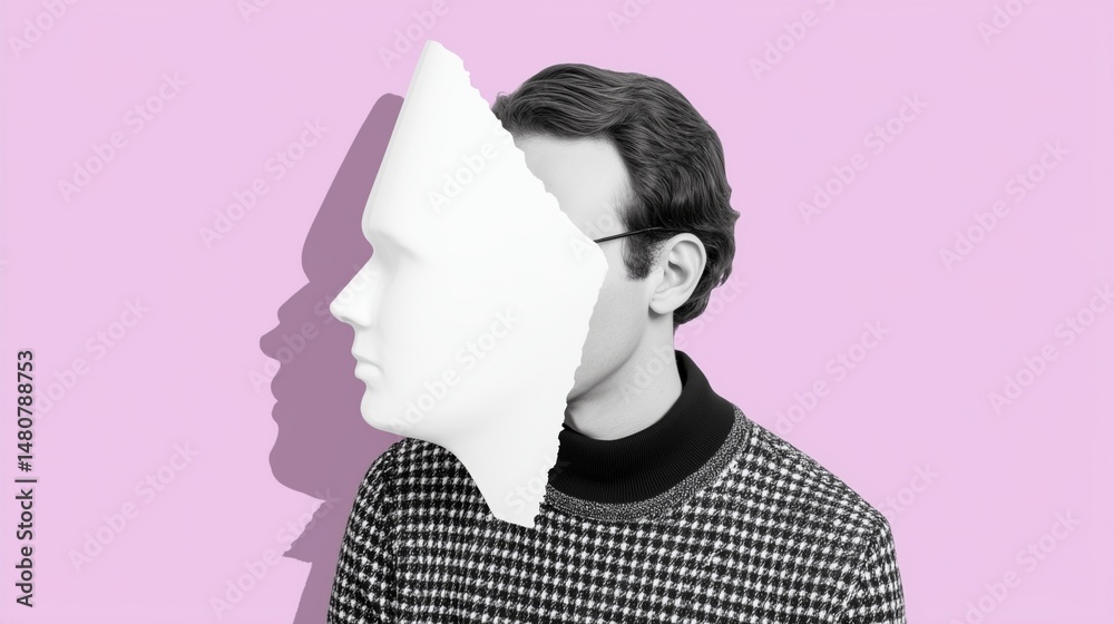 Surreal portrait of a man with fragmented face mask on pastel background