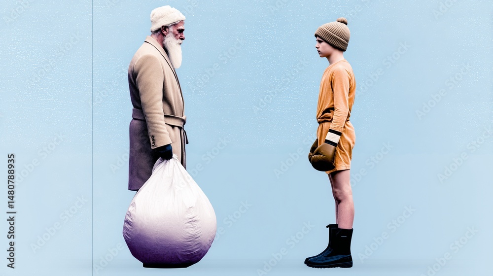 Santa Claus facing young boxer with gloves in surreal winter scene