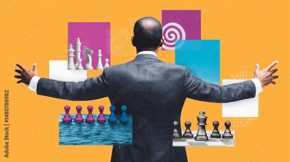 Business leader strategizing with chess elements in abstract background