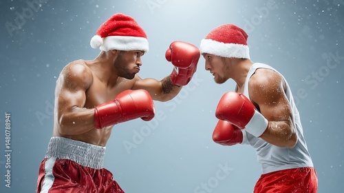 Boxers wearing Santa hats facing off in the ring during winter holidays
