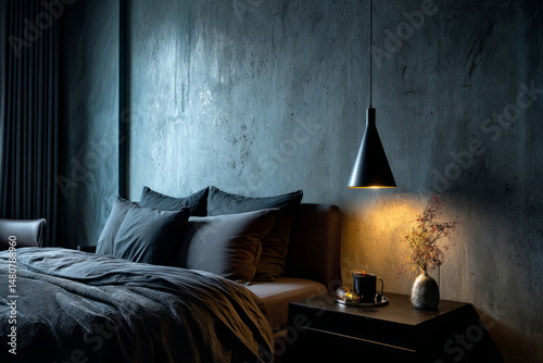 Warm bedroom interior with soft lighting and natural textures