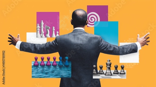 Business leader strategizing with chess elements in abstract background