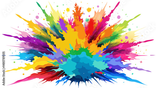A vibrant explosion of Holi powder bursts into the air, creating a rainbow of colors suspended against a pure white background. Each particle dances in joyful celebration.

