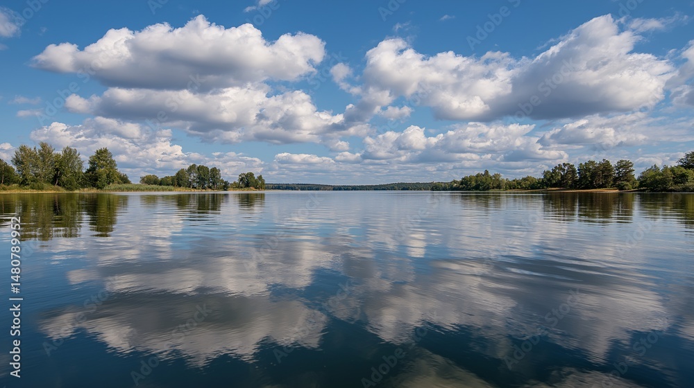 Fototapeta premium Reflections on a tranquil lake under a bright blue sky and white clouds