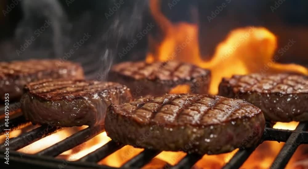 Ultra-realistic close-up of juicy steaks sizzling on a flaming grill, with smoke, fire, grill marks, and glowing coals. Perfect barbecue shot full of flavor and heat.

