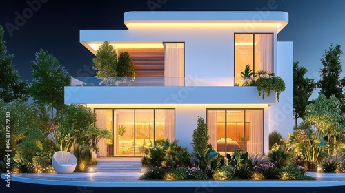 A modern two story house with illuminated landscaping at night photo
