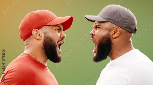 Two muscular men face each other screaming angrily du heated argument or confrontation outdoors.