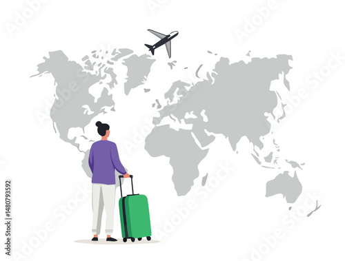 A character stands with a suitcase, gazing at a flight path on a world map as a plane flies overhead, symbolizing global travel and anticipation of exploration Art & Illustration