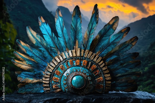 Majestic turquoise and gold feathered headdress set against a dramatic mountain backdrop under a vibrant sunset sky, evoking ancient cultural artistry.