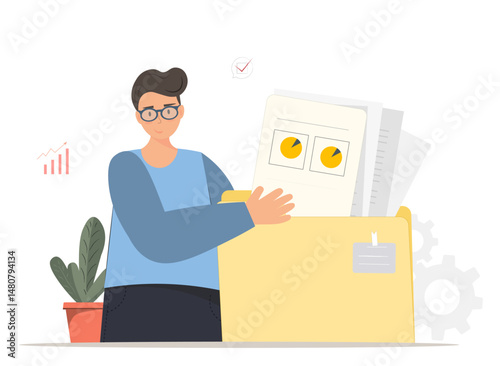 Man managing document, find, search information in the folders, flat vector illustration