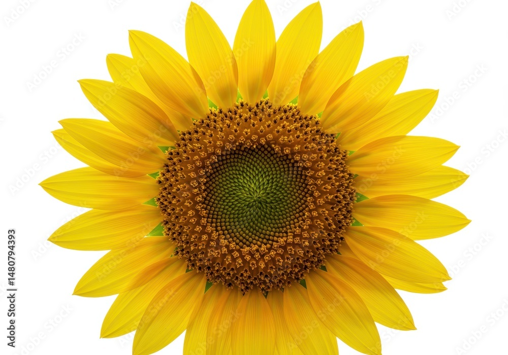 Fototapeta premium Close up of a vibrant yellow sunflower with a detailed center on a white background