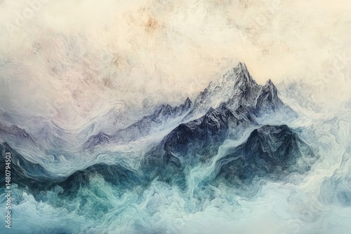 A majestic, snow-capped mountain range emerges from ethereal, swirling clouds, a breathtaking abstract landscape.