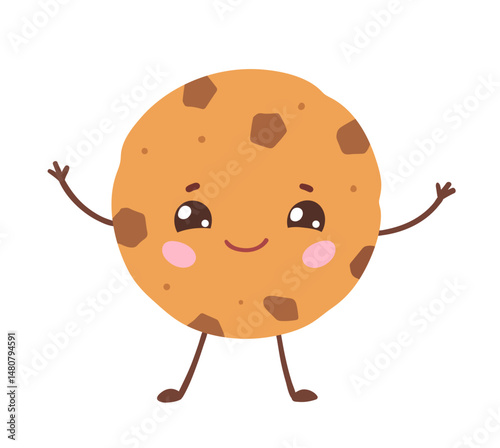 Vector isolated illustration of kawaii cookie with chocolate chips and happy face.