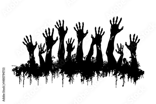 Zombie hands rising from the ground in horror silhouette art style on white background.