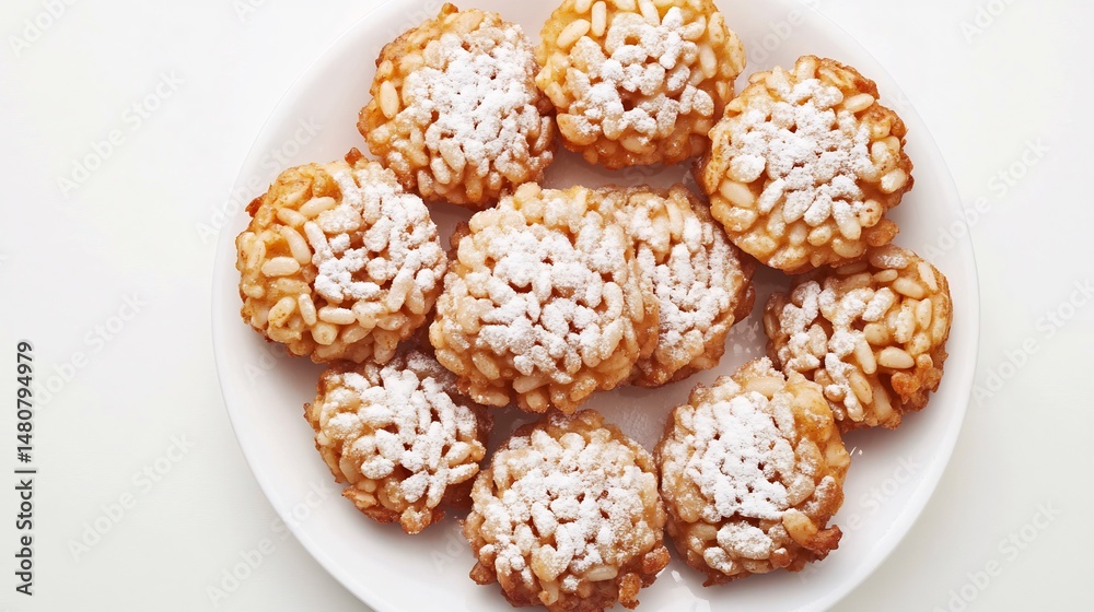 Top down view of Frittelle di Riso Italian rice fritter dusted powdered sugar arranged white ceramic plate plain white background Traditional Italian carnival treat Sicily cut out isolated transparent Top down view of Frittelle di Riso Italian rice fritter dusted powdered sugar arranged white ceramic plate plain white background Traditional Italian carnival treat Sicily cut out isolated transparent